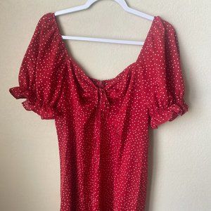 Lightweight Red Polka Dot Flare Dress with Puff Sleeves, Size XL